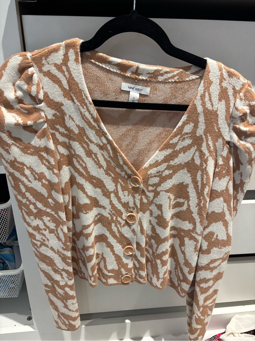 Nine West Cream and Tan Abstract-Print Button Cardigan